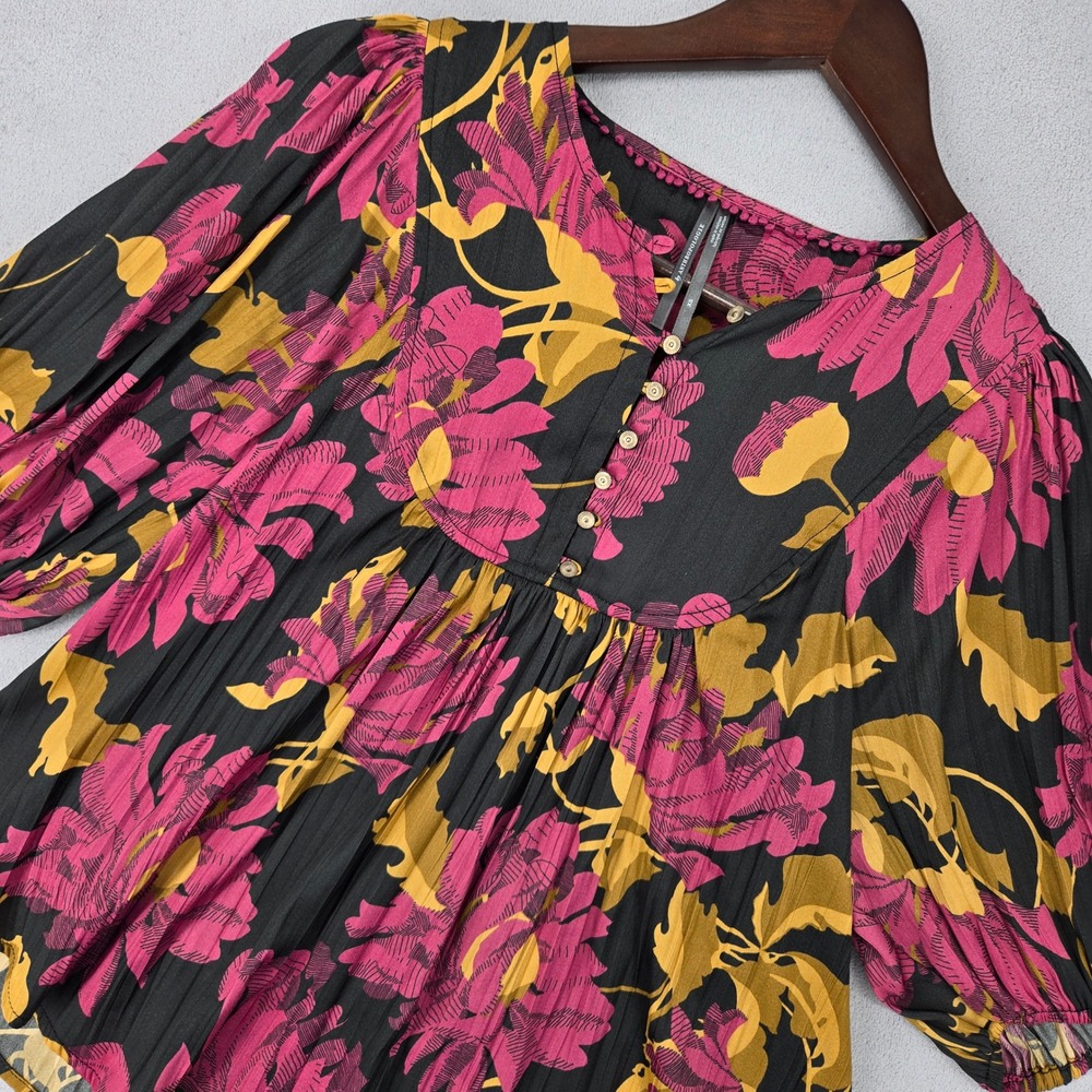 Anthropologie XS Floral Puff Sleeve Henley Blouse Womens Boho Pleated Top